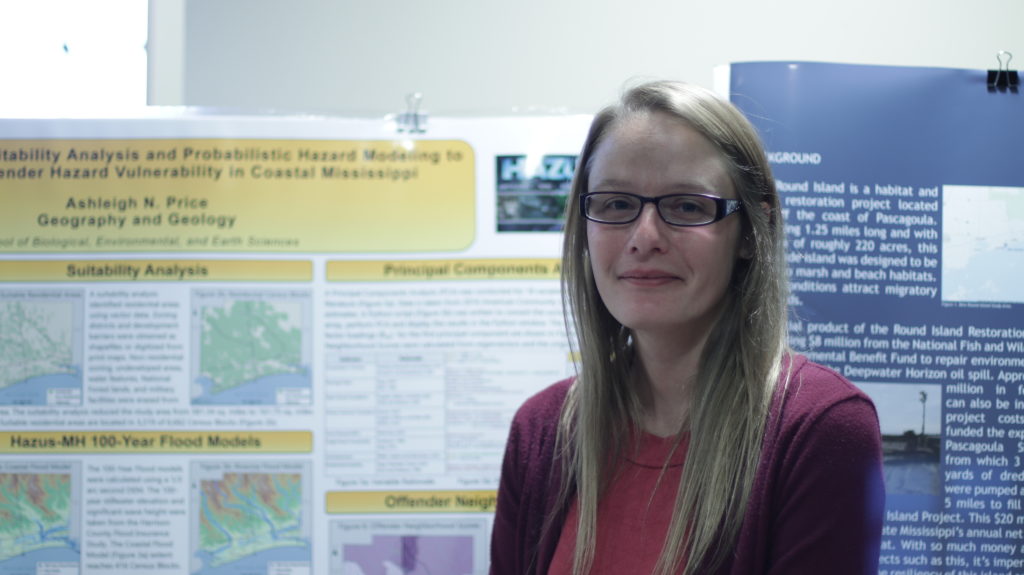 Ashleigh N. Price wins 1st place scholarship for her poster: â€œVector Data Based Suitability Analysis and Probabilistic Hazard Modeling to Characterize Offender Hazard Vulnerability in Coastal Mississippiâ€ - 
